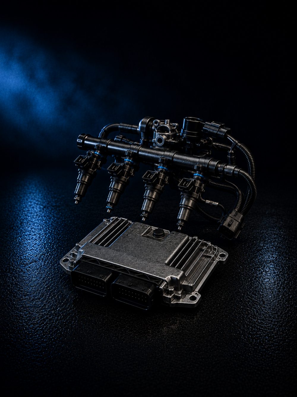 Fuel rail com bicos injetores e módulo de injeção eletrônica